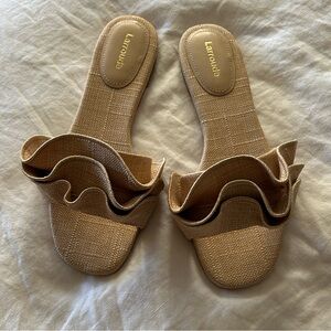 NWT Larroude Ivy linen tan Ruffle flats sandals